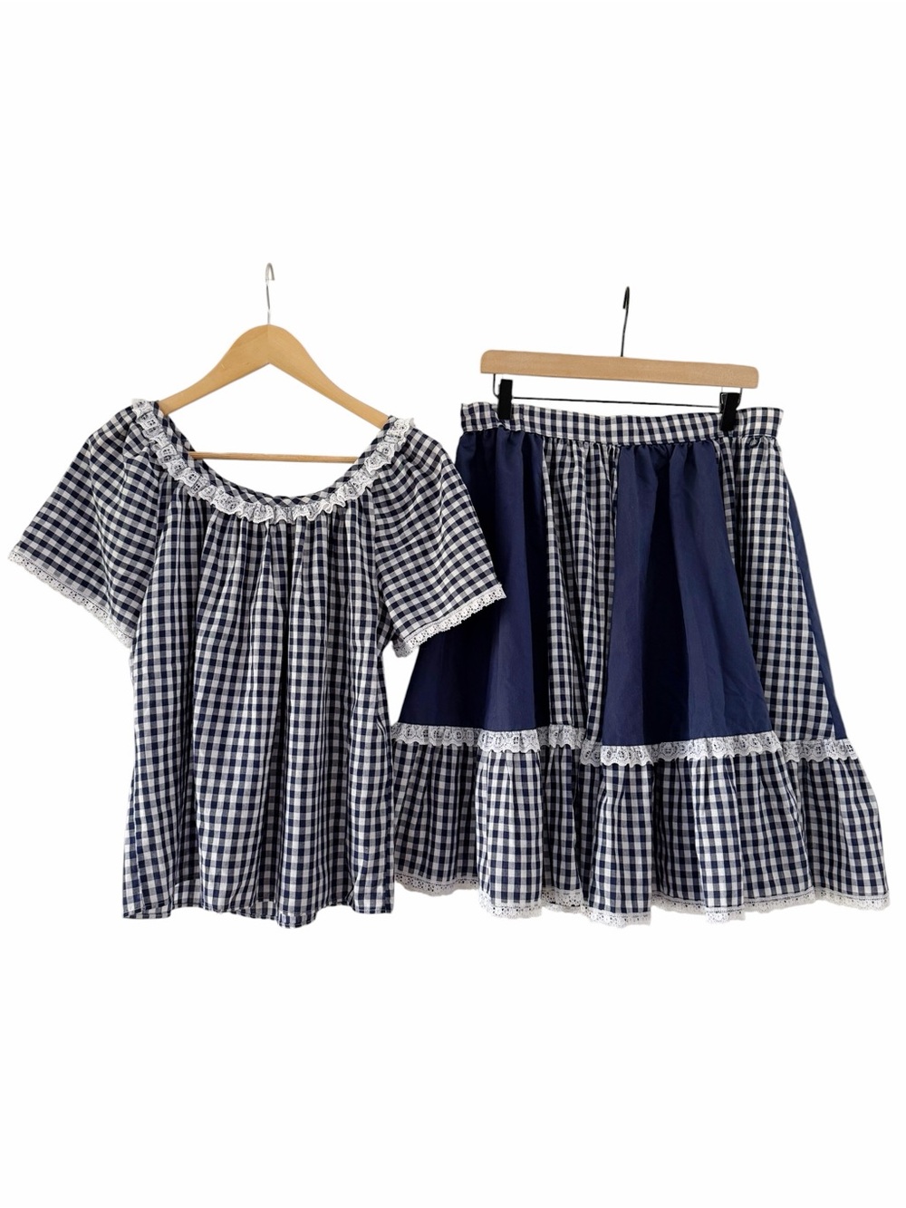 VTG Rockmount Ranch Wear Western Set Square Dance Skirt & Top Blue Gingham Lace